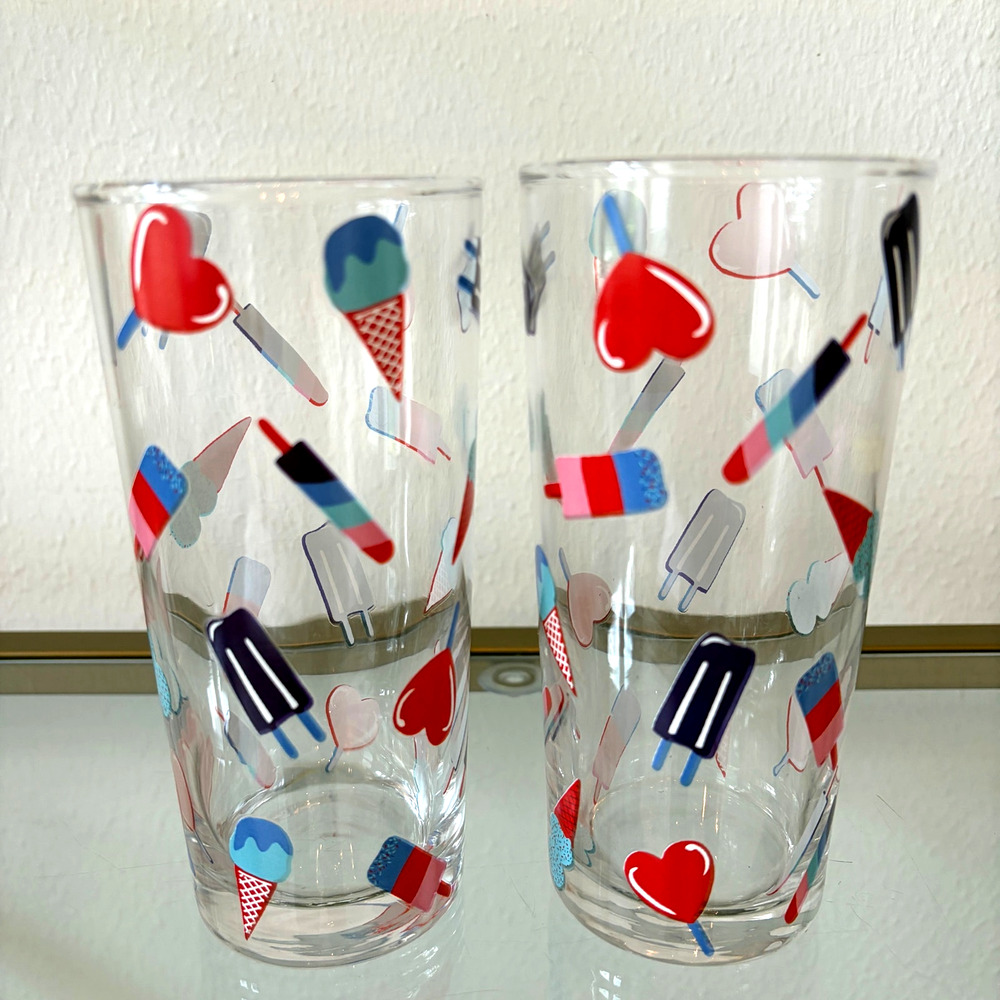 Hearts & Ice Cream Cones Highball Glasses 2pc Red Blue Summer Barware New